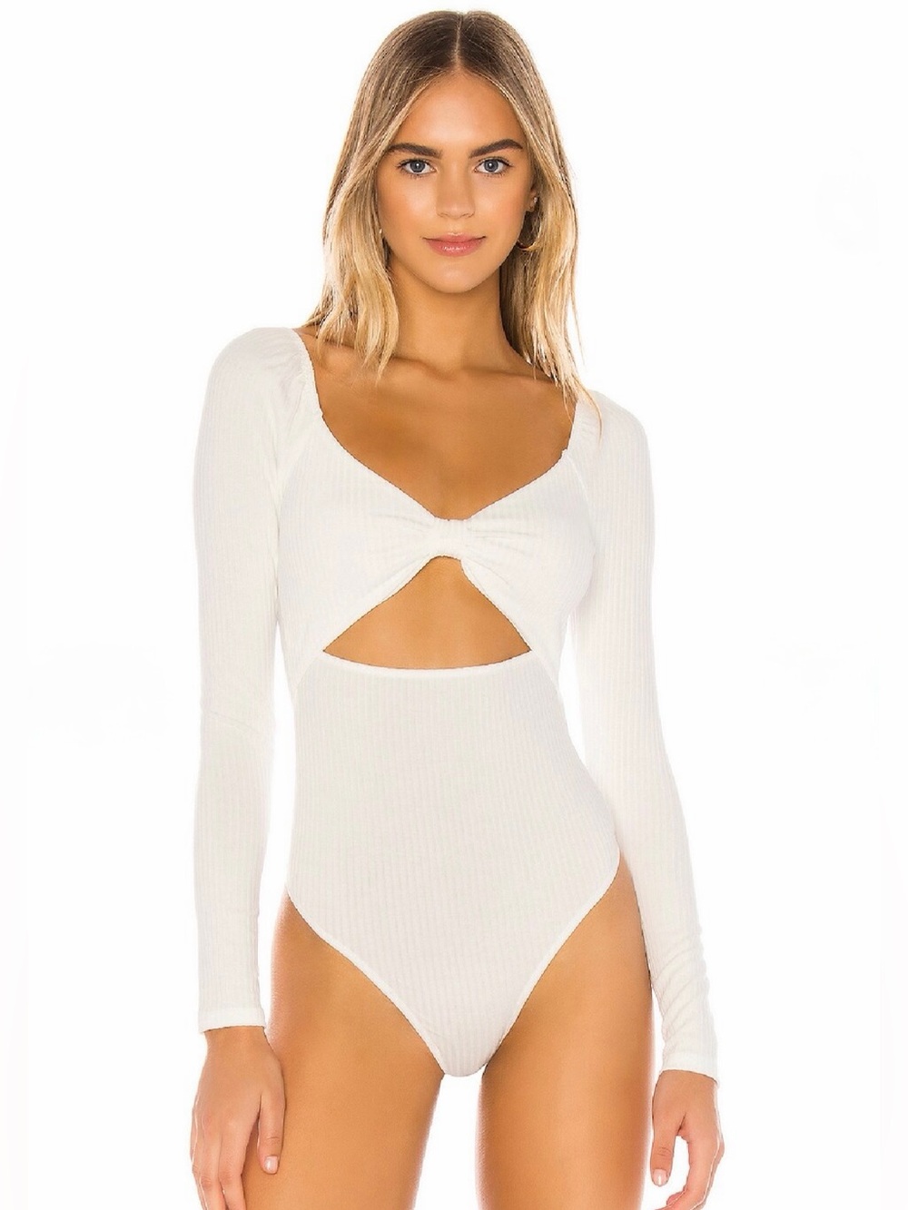 Revolve Superdown Lila Knot Long Sleeve Ribbed Bodysuit in White - Size Small